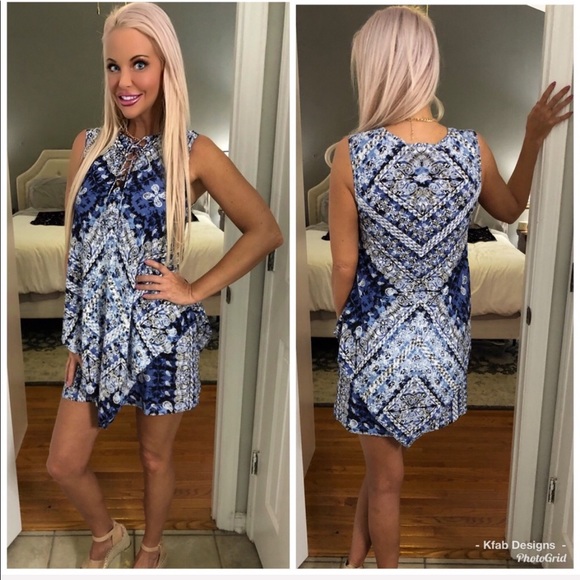 ❤️LAST! Indigo Front Lace Up Print Tunic Dress - Picture 2 of 4